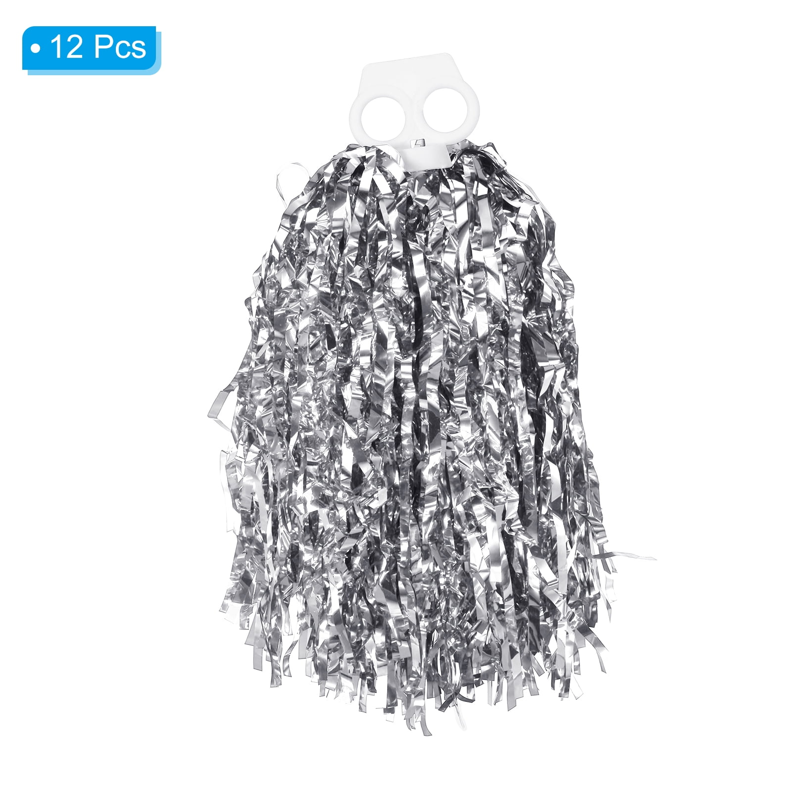 Cheerleading Pom Poms with Finger Holes Metallic Foil Cheering Hand Flower, Silver, 12 Pack