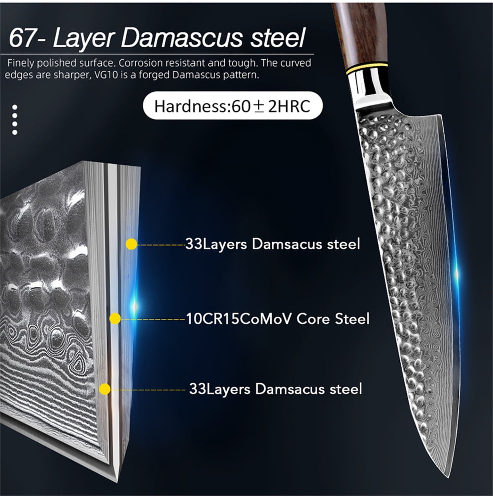 Damasus Chef Knife Sharp Santoku Knife with Giftcase,Japanese 67-Layers VG-10 Steel Core Hammered Blade Slicing Knife for Meat,Fish and Vegetable