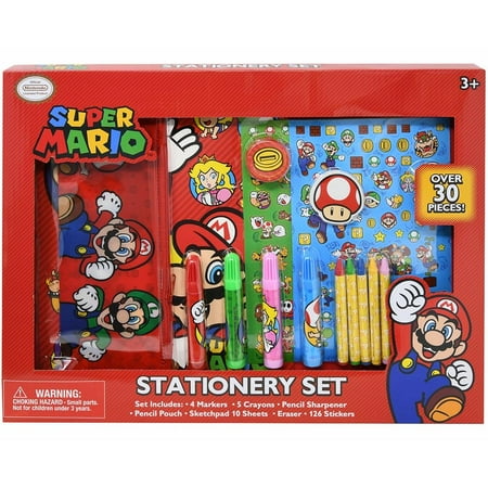 Mario Over 30pc Stationery Set in Box- PENCIL CASE, STICKERS, MARKER & MORE!