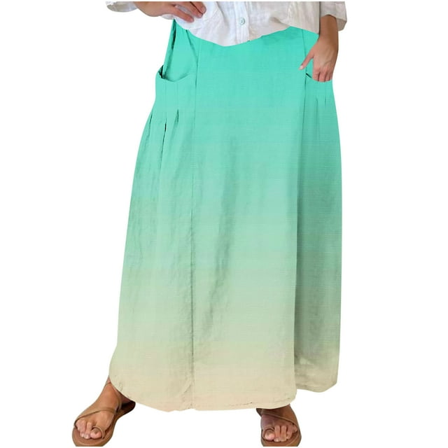 Mrat Jupe Froncée Jupe Décontractée Rétro à Fleurs en Lin Taille Élastique Jupe Longue Plissée avec Poches Jupes Grande Taille P-154 Vert TG