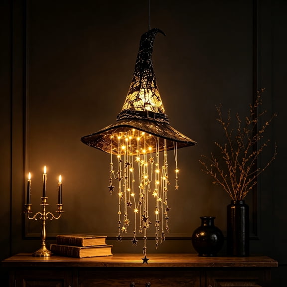 Halloween Witch Hat Hanging Chime Lighted Star Dangle Ornament Warm LED Spooky Window Decor for Home Party Porch Halloween Gift, 15.55 In