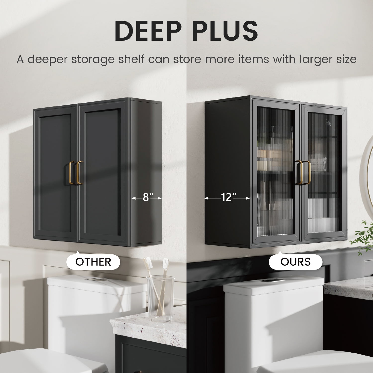 LED Wall Storage Cabinets - Upper Kitchen Cabinets Laundry Wall Mounted Cabinets with 2 Acrylic Glass Doors and Shelf, in Black