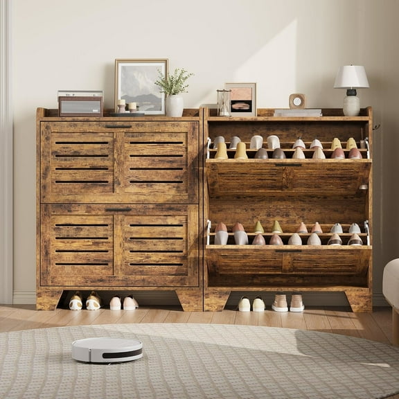 AOILE Slim Shoe Cabinet for Entryway, Farmhouse 2-Drawer Flip-Down Shoe Organizer with Hooks & Ventilation, Fits Size 13 Shoes