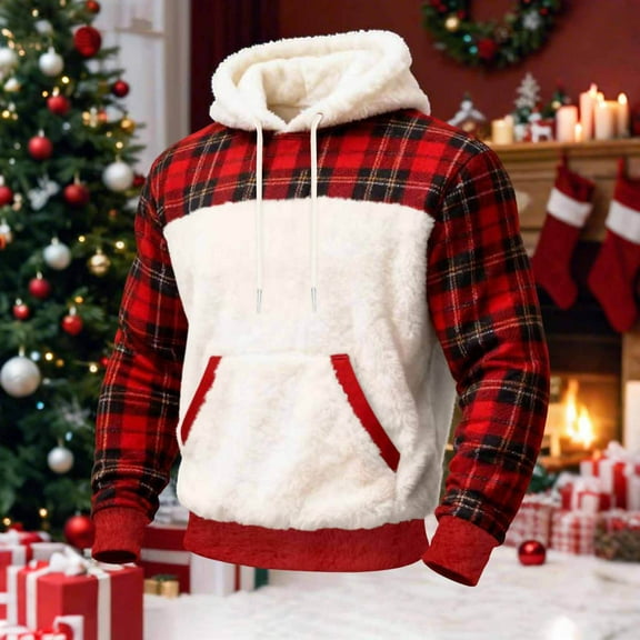 gbyLJF Men's Fuzzy Hooded Sweatshirt Long Sleeve Plaid Pocket Hoodie Fleece Pullover Sweater Christmas Sweatshirt for Men