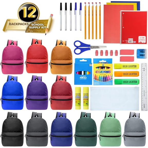 Moda West 17 Inch Bulk Backpacks with 50 Piece School Supplies Kits - Pens, Pencils, Crayons - Case of 12 Wholesale Backpacks in 12 Assorted Colors