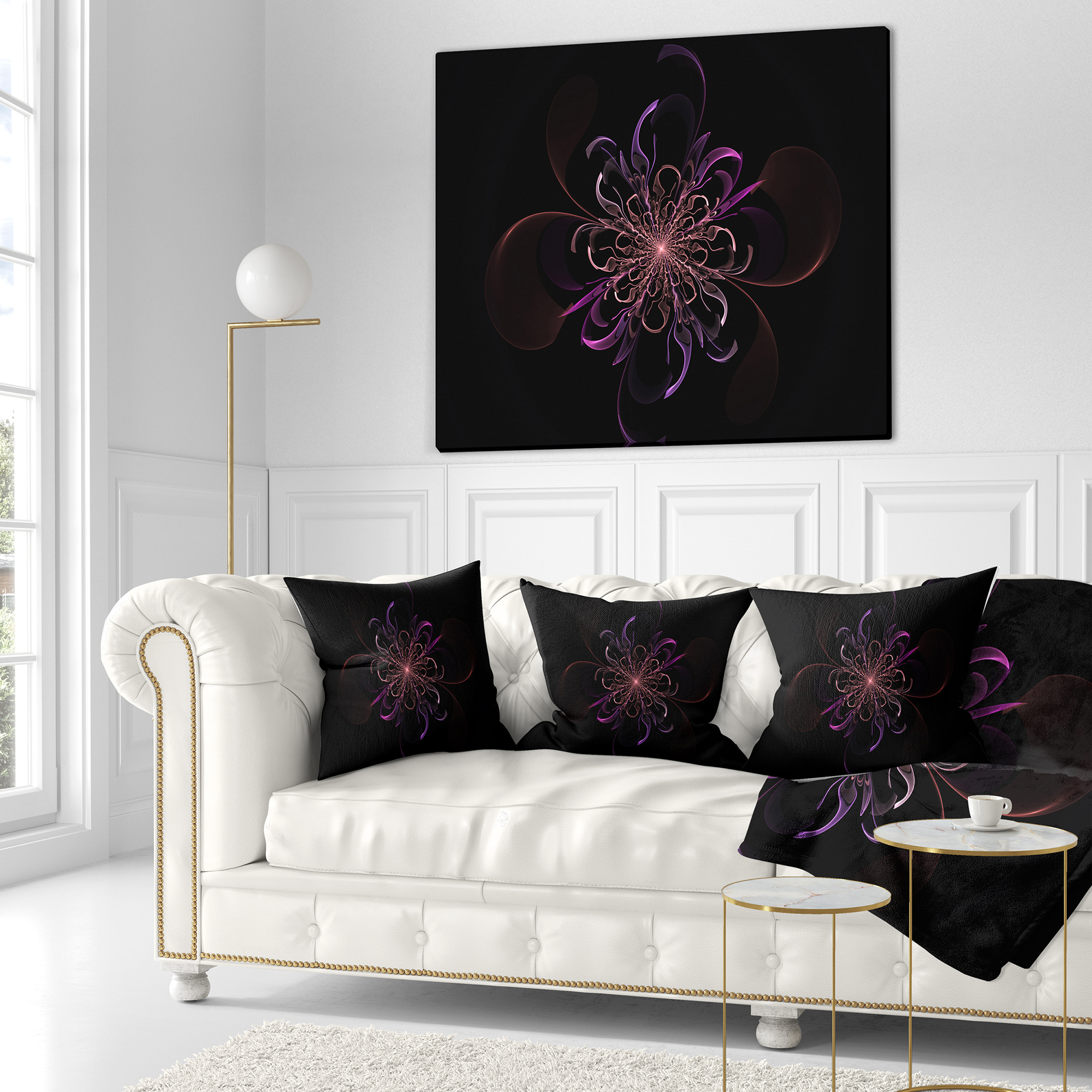 Designart Pink Rounded Fractal Flower in Black - Floral Throw Pillow - 16x16