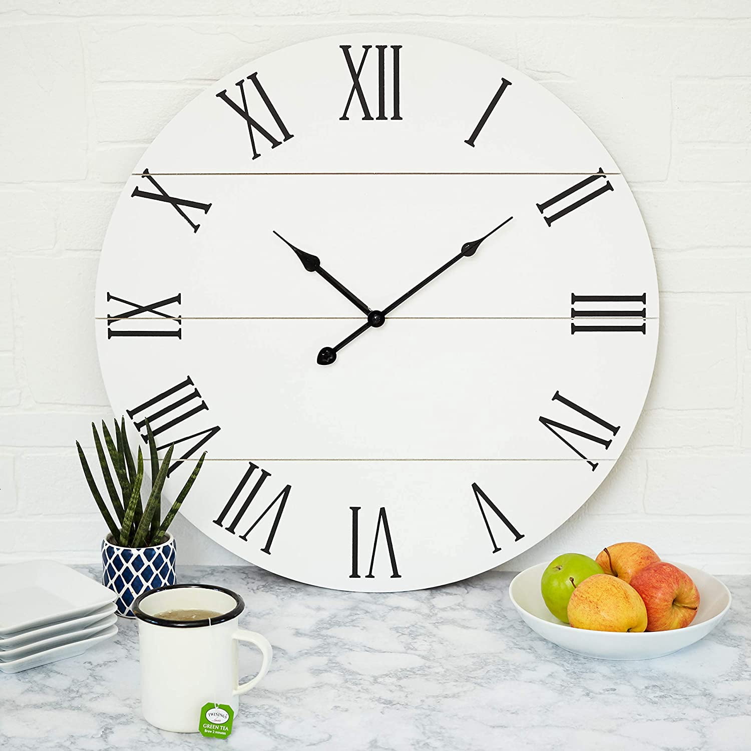 Large White Wall Clock 21 Inches Wooden Shiplap Farmhouse Decoration Roman Numerals Rustic Barn Shabby Chic Sleek