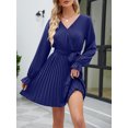 thumbnail image 4 of Liacowi Women's Autumn Casual Pregnancy Dress Solid Color Long Sleeve V Neck Pleated Dress with Belt, 4 of 8