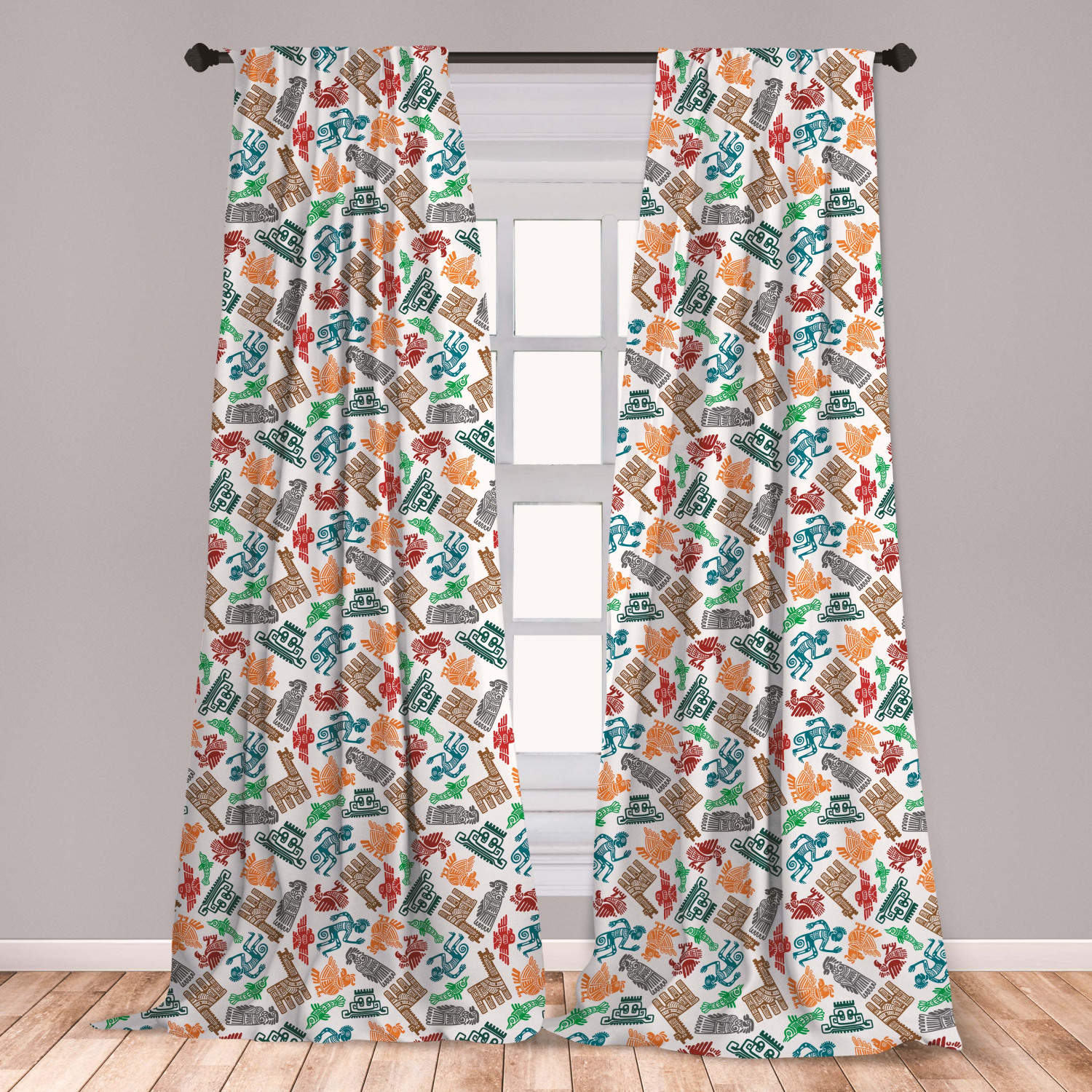 Tribal Curtains 2 Panels Set, Mayan and Aztec Primitive with Shaman and