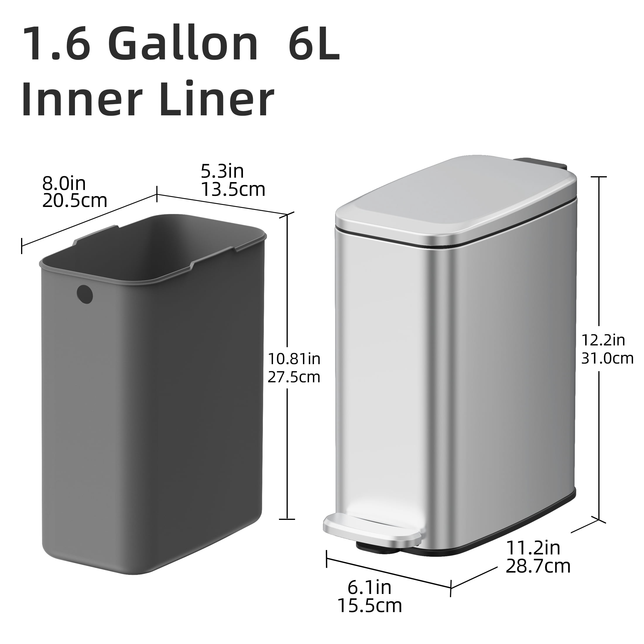 KSSKSS 1.6 Gallon/6L Small Bathroom Steel Step Trash Can, Soft-Close Lid & Fingerprint-Proof, Slim Wastebasket for Narrow Spaces (Silver)