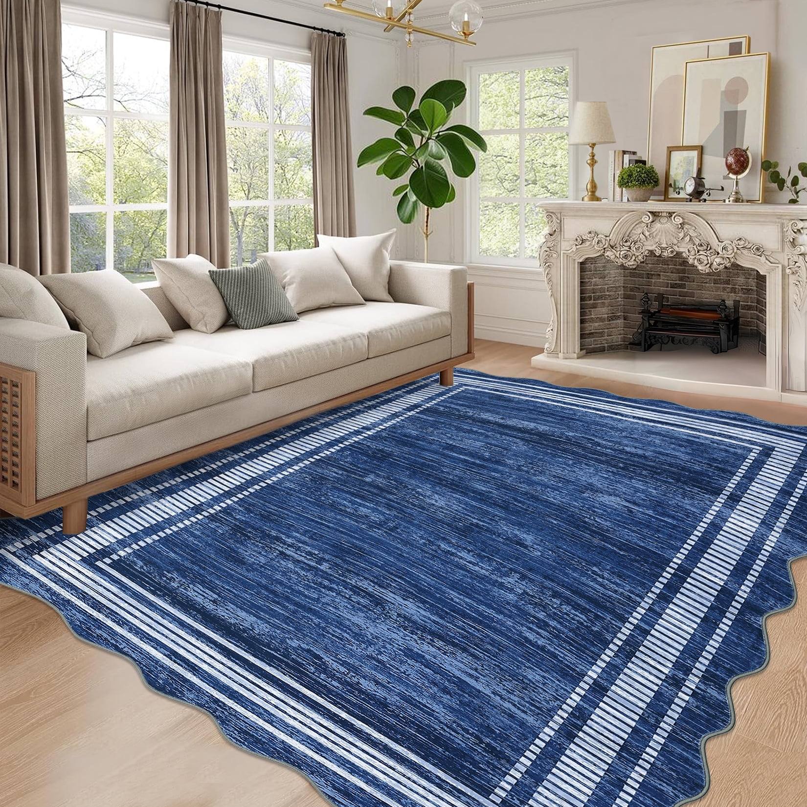 COZONY 10'x13' Modern Scalloped Washable Area Rug, Non-Slip Low-Pile Carpet for Living Room, Bedroom, Navy Blue