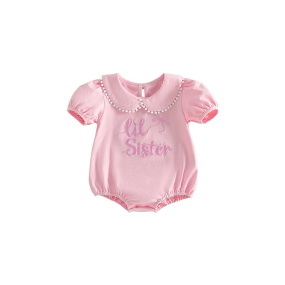 BemeyourBBs Newborn Baby Girl Litter Sister Outfit Infant Baby Girls Summer Clothes Bubble Romper Lil Sister Letters Printed Embroidery Tassle Doll Collar Short Sleeve Bodysuit Jumpsuit