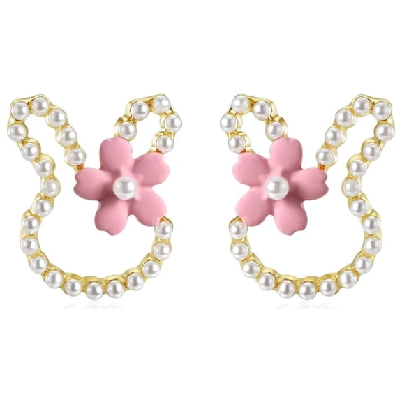 Easter Earrings Cute Bunny Rabbit Pearl Flower Stud Earrings for Women Spring Holiday Jewelry Gifts