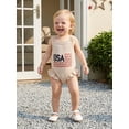 thumbnail image 5 of Cenuakty Baby 0-24M Girl 4th of July Romper Letter Wavy Stripe Embroidered Ruffled Trim Square Neck Sleeveless Newborn Jumpsuit, 5 of 9