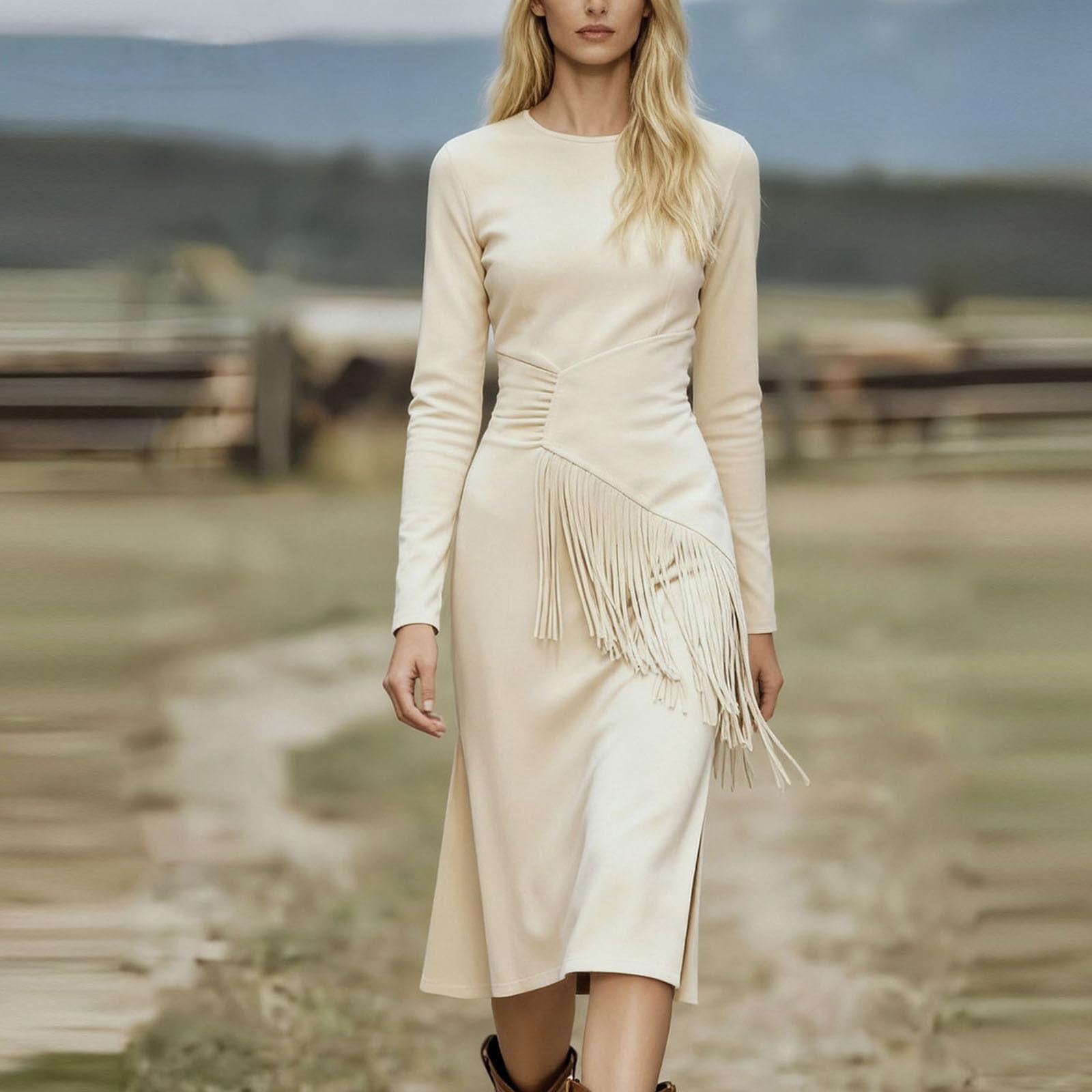 Womens Western Fringe Midi - Long Sleeve Faux Suede Boho Cowgirl Side Split Bodycon Dress with Asymmetrical Tassel Waist