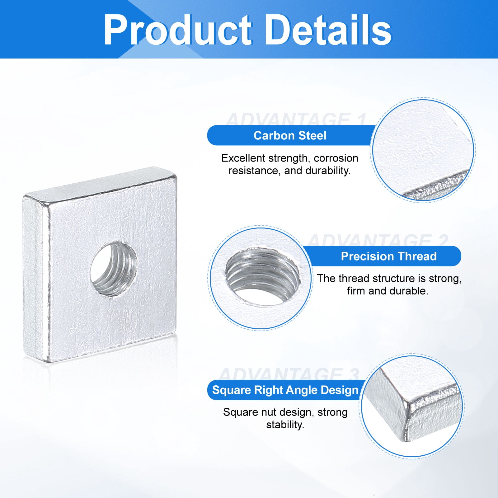 100Pack M5x14mmx4mm Square Nuts, Carbon Steel Zinc Plated Coarse Thread Nuts