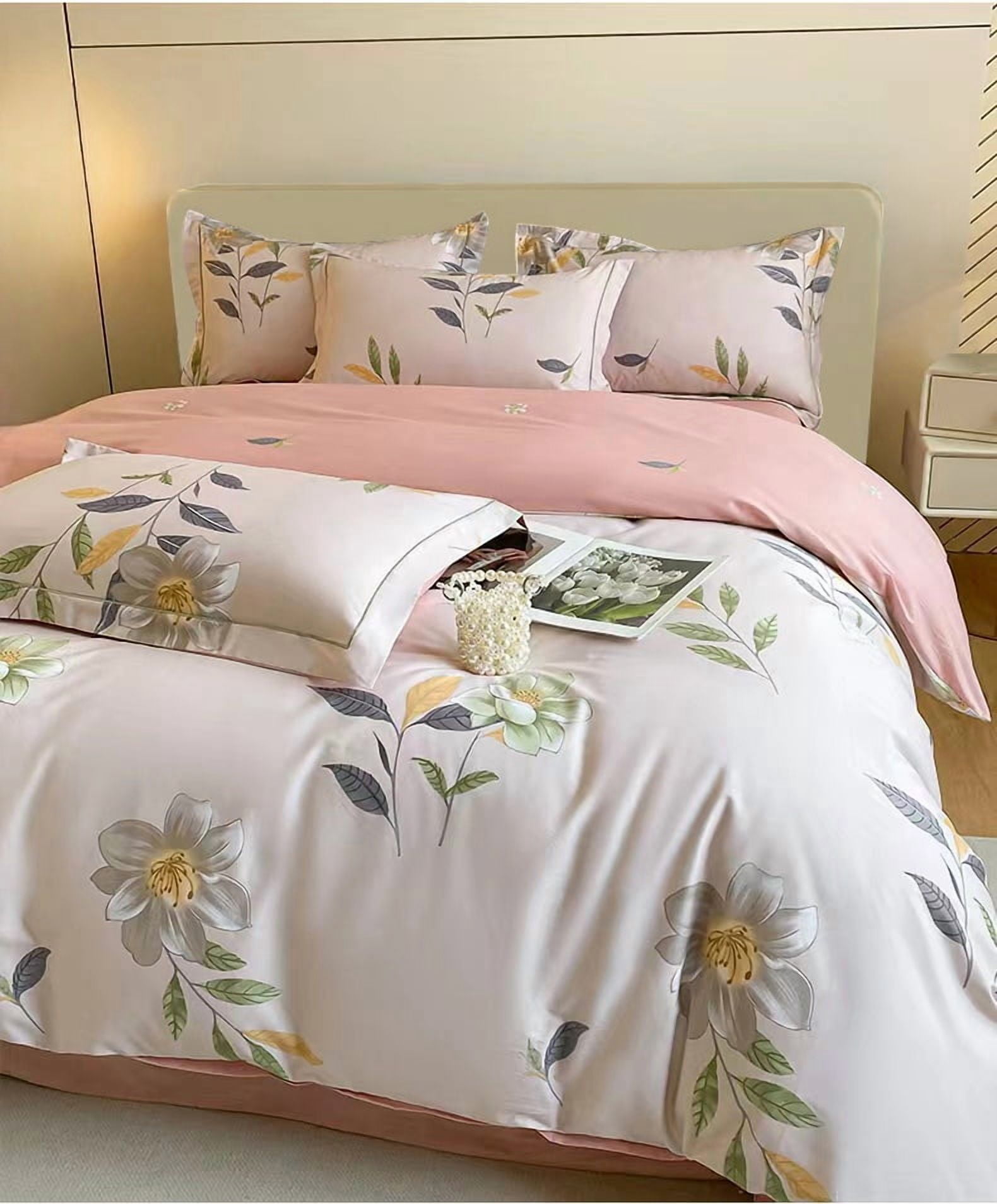 100% Cotton Duvet Cover Set 3Pcs Queen 1 Comforter Cover 2 Pillowcases Bedding Set Floral Printed Soft Breathable