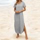 thumbnail image 3 of Vestido Corto para las Mujeres de Verano Color Sólido Cuello en V Vestido de Bolsillo de Manga Corta, Vestido de Verano Casual de las Mujeres para las Salidas de Primavera, 3 of 6