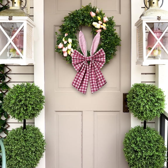 HaCpiu Easter Bunny Ear Bow for Front Door Wreath, 15.7" Pink and White Buffalo Craft Rabbit Bows, Easter Decorations for Wrapping Basket Wedding Brithday Party Supplies