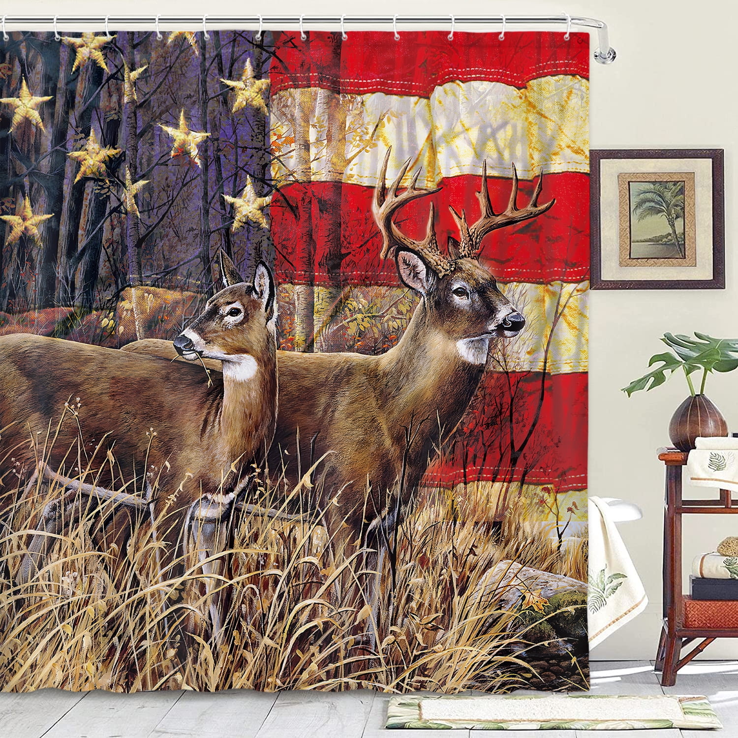 Rustic Deer Shower Curtain Cabin Lodge Country Patriotic shower curtain