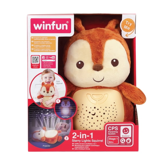 Winfun 2-in-1 Starry Lights Squirrel Baby Night Light & Star Projector, Color Changing Nursery Soother with Lullabies, Nature Sounds, Soft Glow Plush Toy, Newborn 