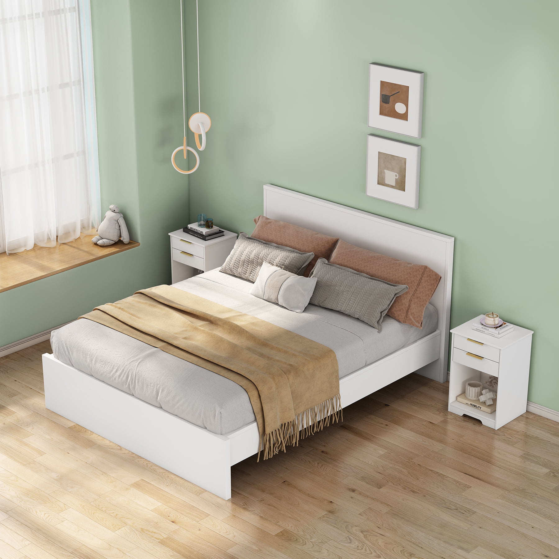 Nighstand With 2 Drawers,End Table,Nightstand with Open Space,Golden Handle,Morden Design,For Living Room,Bedroom,Easy Assemble,White
