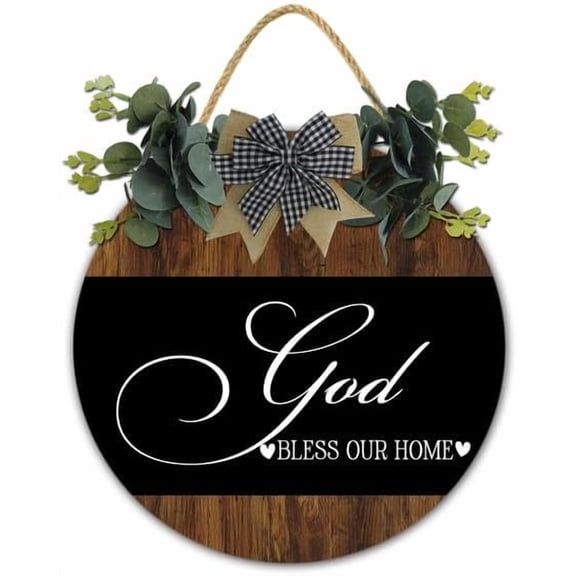God Bless Our Home - Welcome Sign Front Door Sign - Christian Wreaths Hanging Wooden Plaque Decoration - 12 x 12 Inch Round Rustic Wood Farmhouse Porch Entryway Decor, Holiday Party Decor