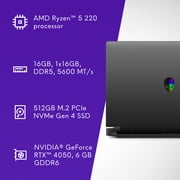 Alienware 15.3 WUXGA 165Hz Gaming Laptop, AMD Ryzen 5 220, NVIDIA GeForce RTX 4050 GDDR6, 16GB DDR5, 512GB SSD, Black, DA15265