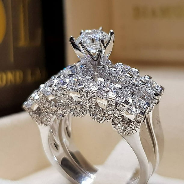 Conjunto de anillos elegantes para mujer joyeria de moda de compromiso de boda de Color plateado con anillo femenino de circonio Cubiz brillante