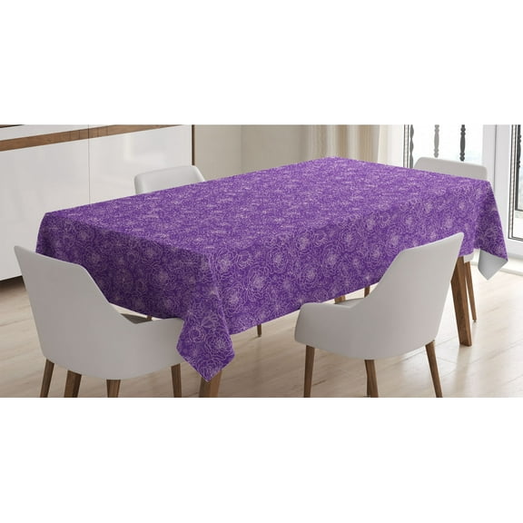 Dark Purple Tablecloth, English Garden Art Dreamy and Flowers Pattern on Repeat Retro Floral Style, Rectangle Satin Table Cover for Dining Room and Kitchen, 60" X 84", Lilac Violet, by Ambesonne