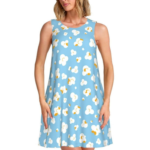 Fotbe Blue Popcorn Vestido de Verano sin Mangas para Mujer – Vestido Midi Línea A, Estilo Camiseta Floral, Vestido Playero Casual y Fluido