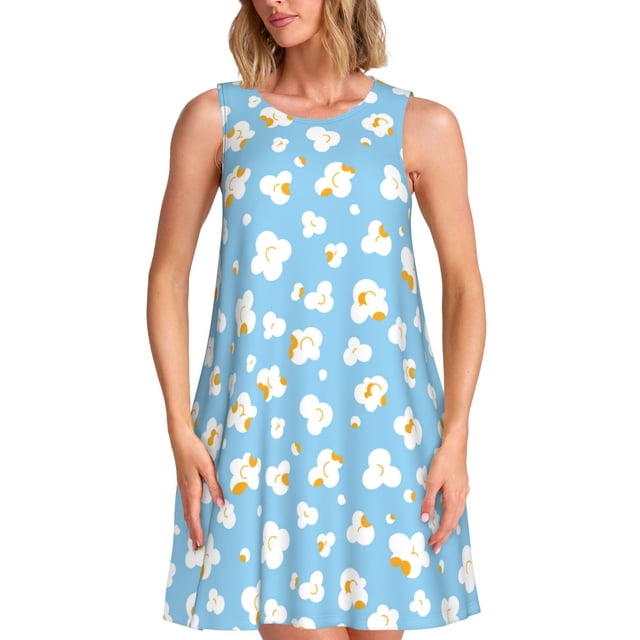 Fotbe Blue Popcorn Vestido de Verano sin Mangas para Mujer – Vestido Midi Línea A, Estilo Camiseta Floral, Vestido Playero Casual y Fluido