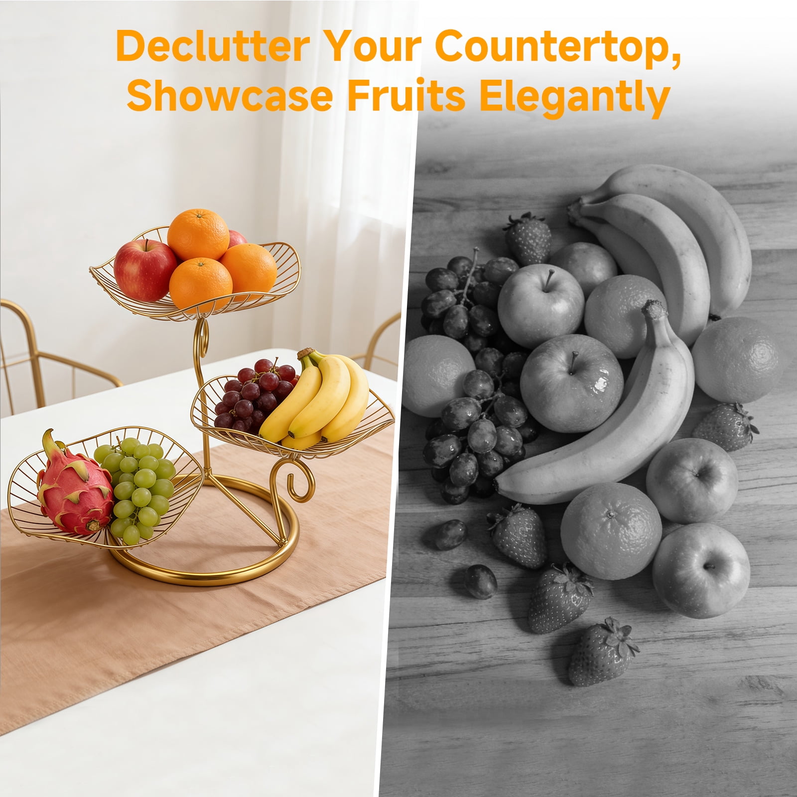 3-Tier Fruit Basket,Detachable Metal Fruit Vegetable Organizer Stand  for Kitchen Counter, Bread, Snacks, Utensils, Gold
