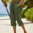 thumbnail image 2 of JFGHDG Women's High Waisted Linen Capri Pants Drawstring Elastic Waist Wide Leg Cropped Casual Trousers with Pockets and Button Split Hem Green 4XL, 2 of 7