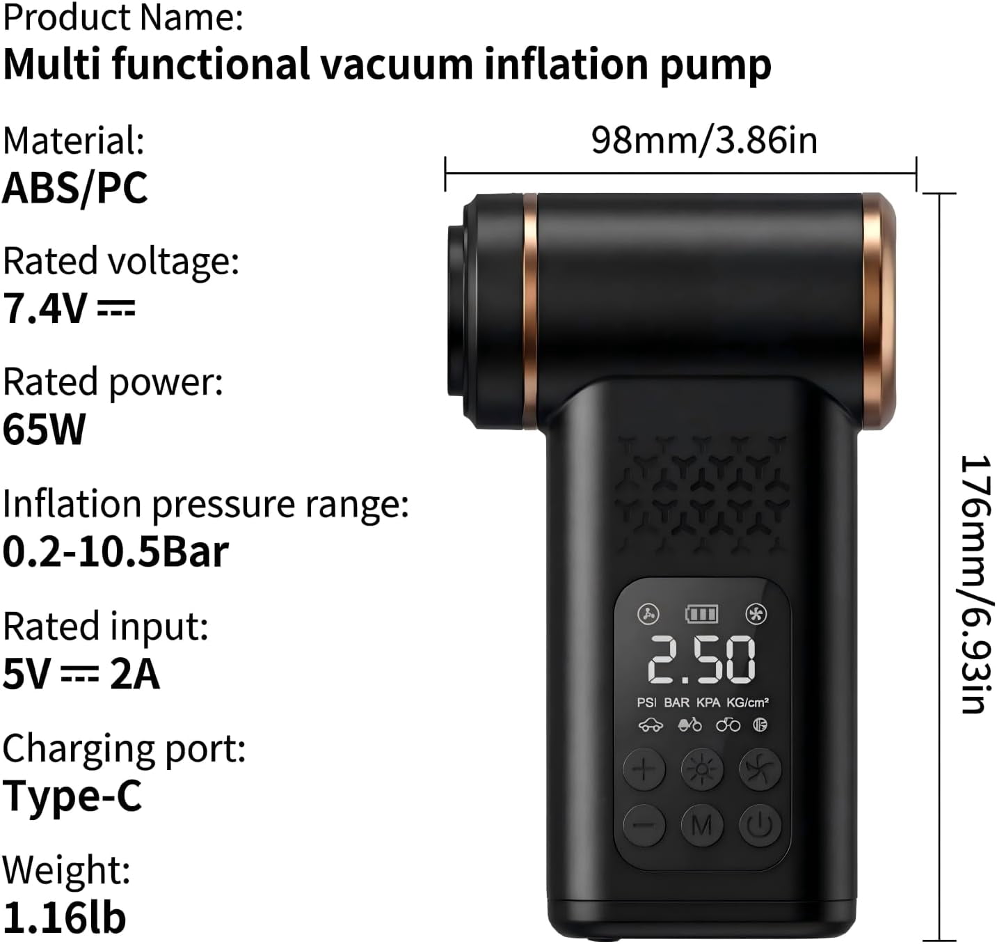 5-in-1 Portable Tire Inflator and Car Vacuum Cordless, 150PSI Smart Air Compressor with Auto Shut-Off, Powerful Suction Handheld Vacuum for Pet Hair, Blower Function, LED Light