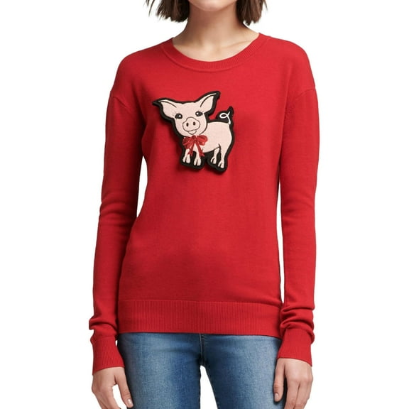 DKNY Womens Pig Patch Pullover Sweater, Red, Large