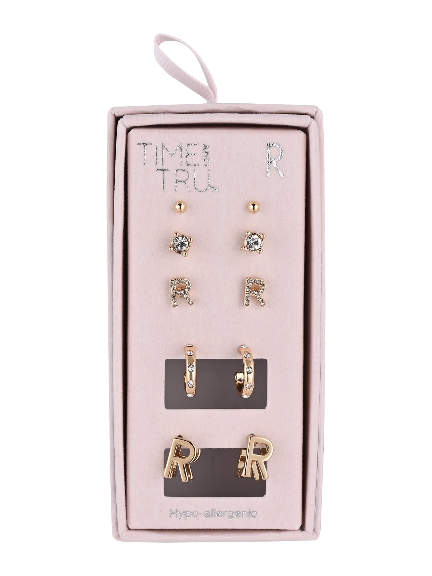 Time and Tru Goldtone 5pc Crystal Studs Hoop Initial "R"Earring Set