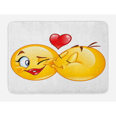 Emoji Bath Mat, Romantic Flirty Loving Smiley Faces Couple Kissing Eachother Hearts Image Art Print, Non-Slip Plush Mat Bathroom Kitchen Laundry Room Decor, 29.5 X 17.5 Inches, Multicolor,