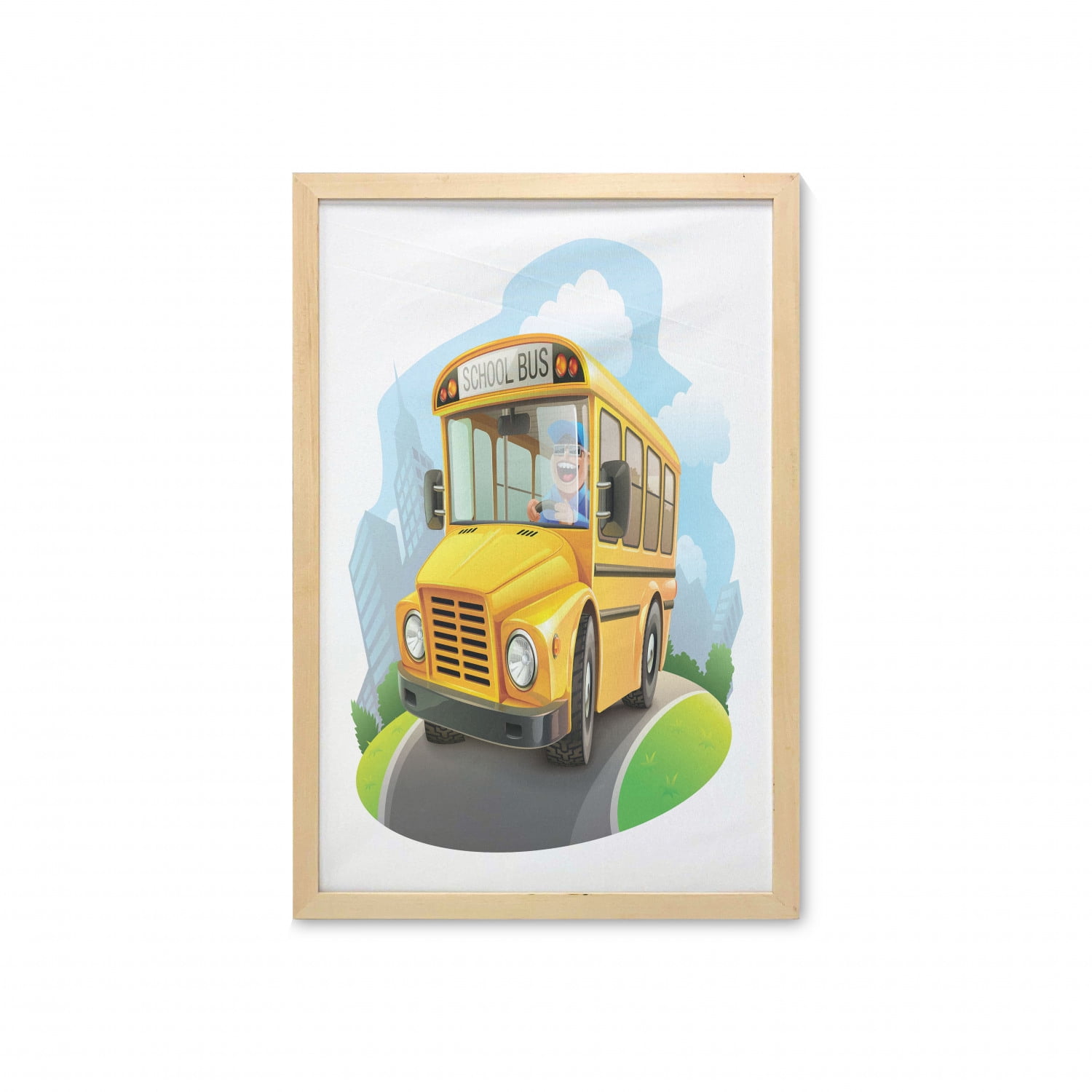 Bus Wall Art with Frame, Bus Driver Laughing and Driving Cartoon Funny  Drawing Wheels on the Road, Printed Fabric Poster for Bathroom Living Room  Dorms, 23