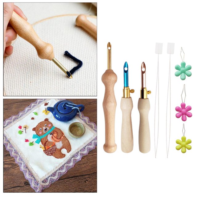 Guardoinrt Efficient Embroidery Punch Needle Pen Sewing Kit Knitting Tool 3x Needle 5 Threader 10cm 1Set