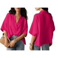 thumbnail image 3 of Women Dressy Casual Blouse Business Short Sleeve Collared Tops Placket V Neck Work Shirt Deep pink S, 3 of 8