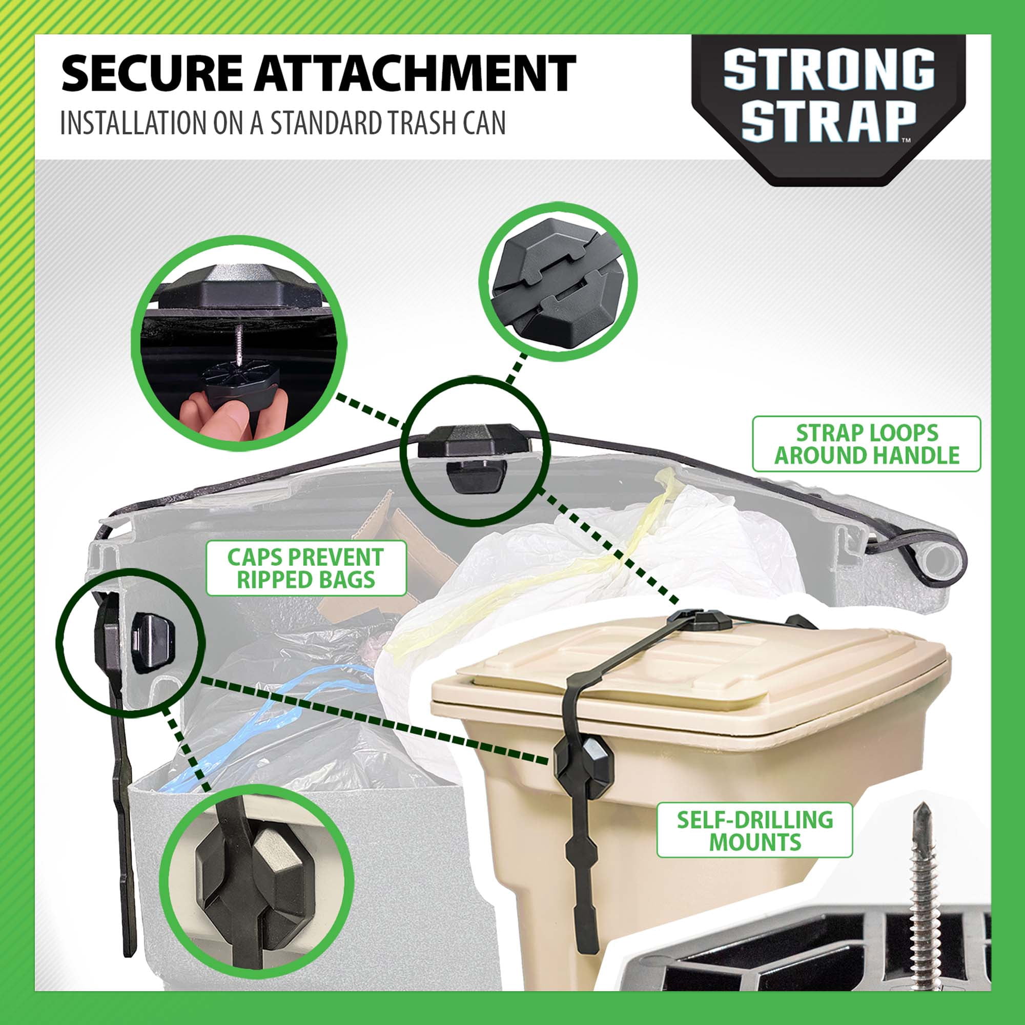 Blazer Brand Strong Strap Lid Lock for 32–96 Gallon Outdoor Garbage Cans, No Tools Required, Durable, Black, 1 Pack