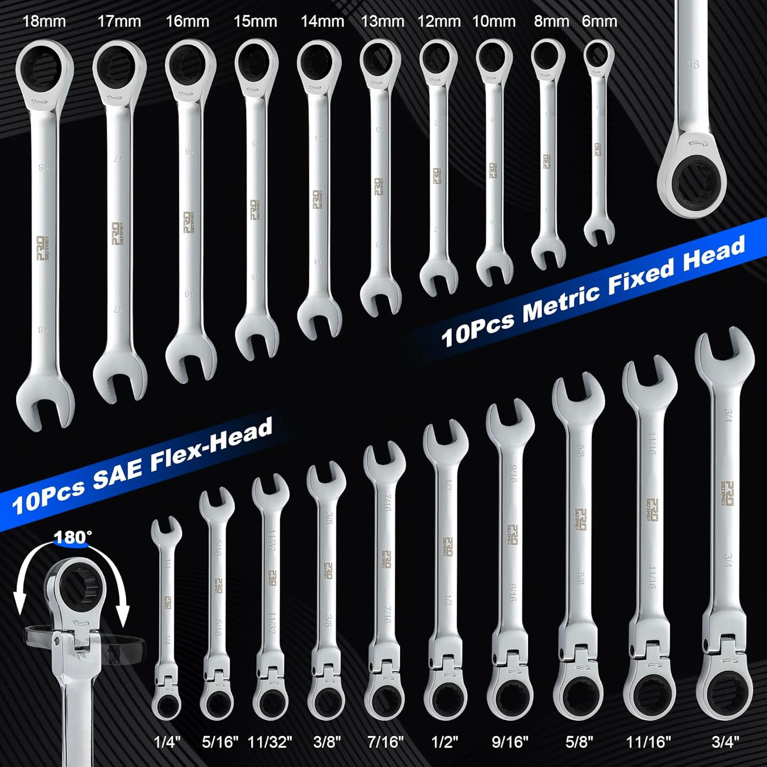Ratcheting Combination Wrench Set, 20-Piece SAE & Metric Wrench Kit with Pouch, 72-Tooth, Cr-V Steel, 10Pcs Flex-Head 1/4" to 3/4" & 10Pcs Fixed Head 6-18mm
