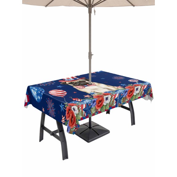 Outdoor Tablecloth with Umbrella Hole for Patio/Picnic/Party/Camping, 4th of July Waterproof Table Cloth Rectangle Table Cover Washable, Independence Day Patriotic Flowers Dogs Blue (52"x 70")