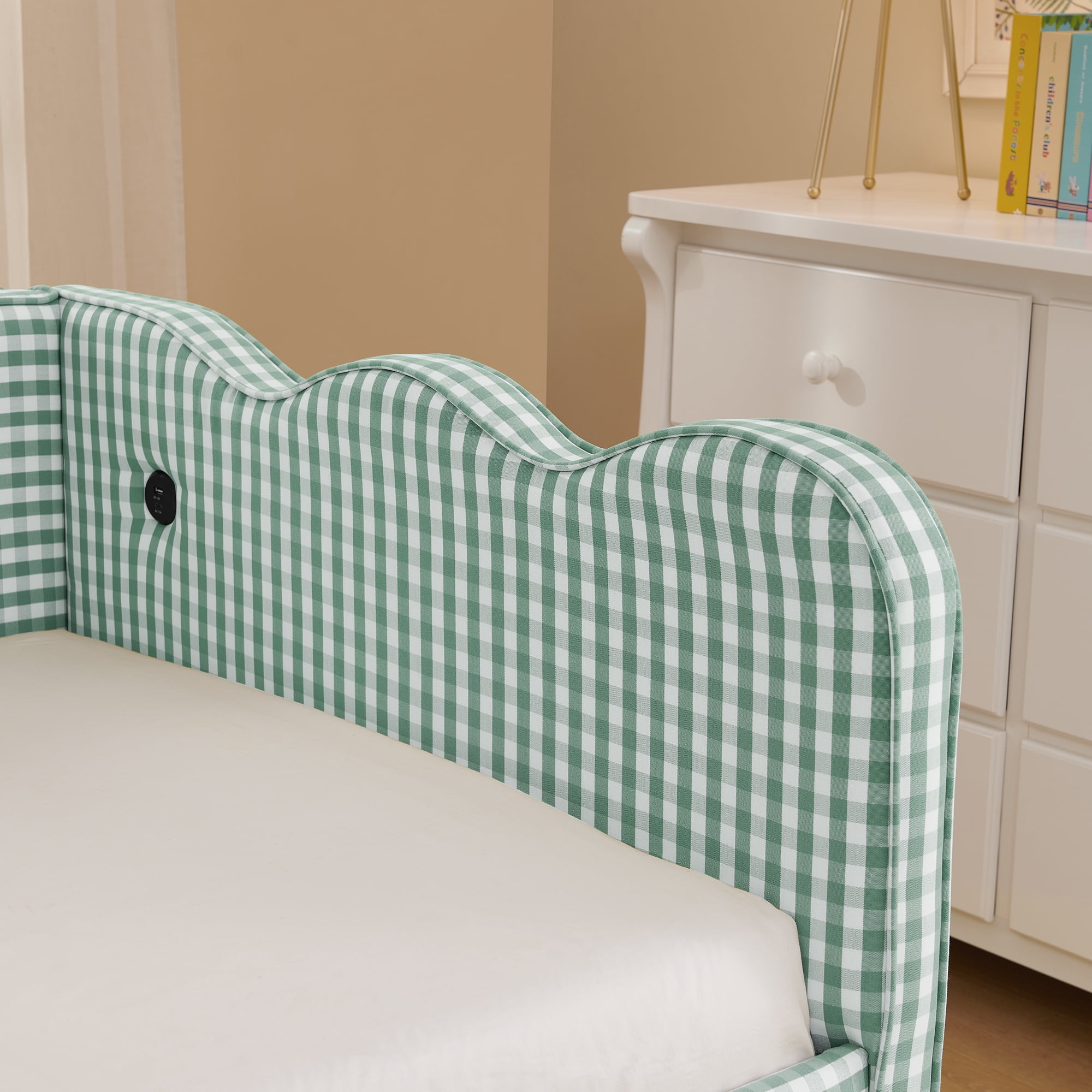 Twin Daybed with Trundle and USB Port, Upholstered Linen Sofa Bed Frame, Gingham Wave Design, No Box Spring Needed for Kids Bedroom, Cyan
