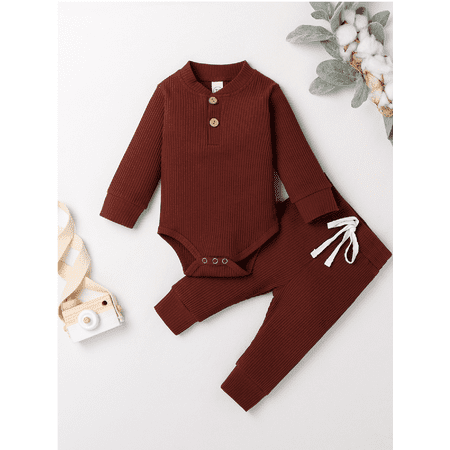 

Baby Knitting Romper Lace-up Pants Round Collar Long Sleeves Buttons Top Ruffle Jogger Trousers