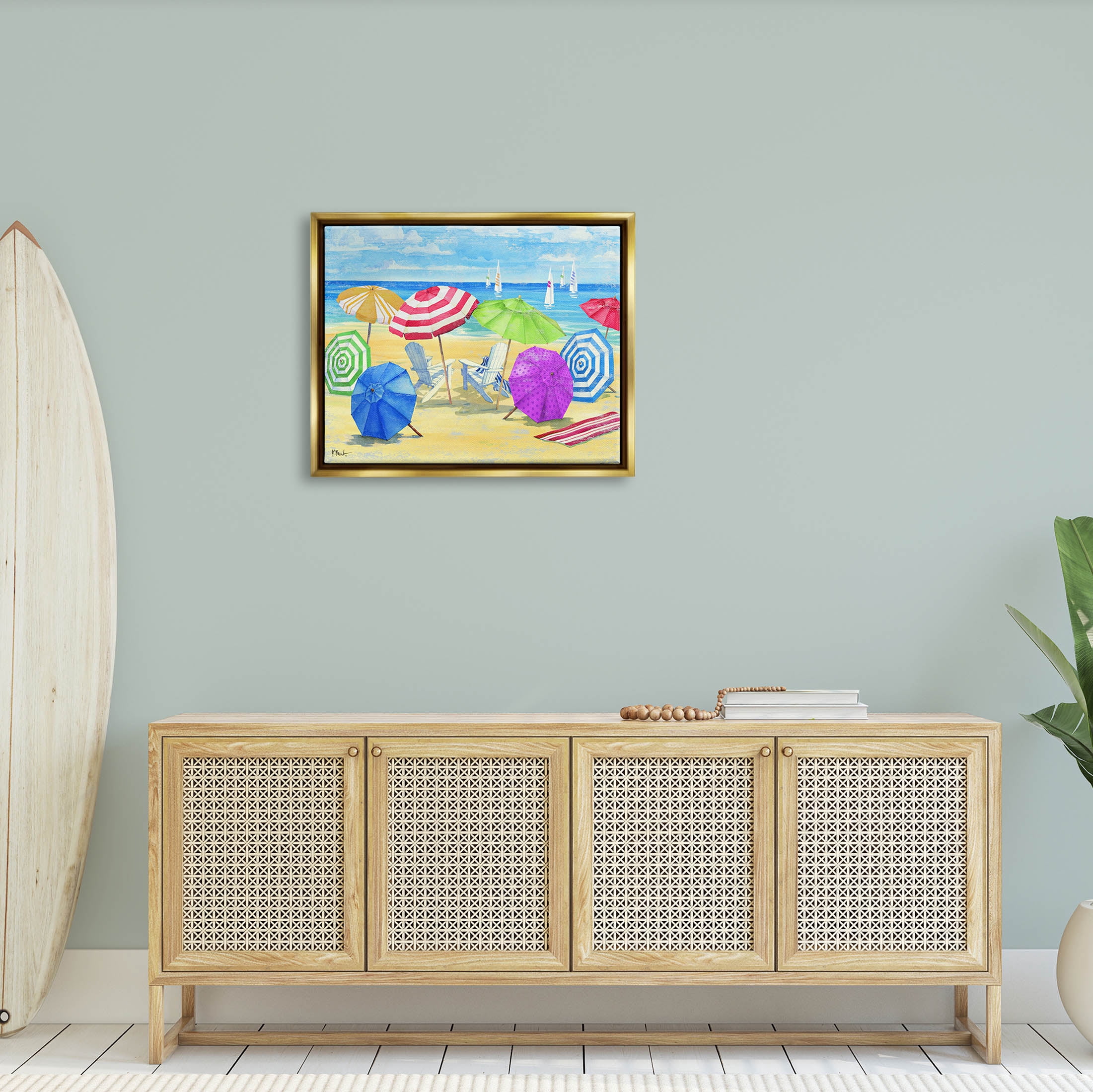 Stupell Industries Umbrella Coast Vibrant Beach Landscape Painting Metallic Gold Floating Framed Canvas Print Wall Art, Design by Paul Brent