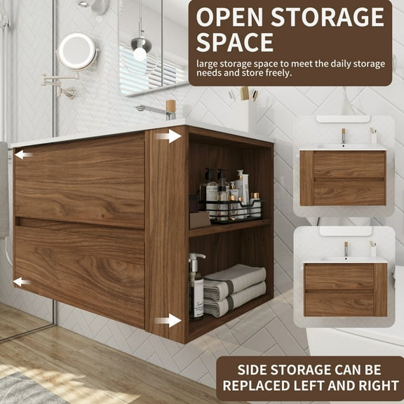 30" Wall Mount Bathroom Vanity With Gel Sink And Extended Drawer - 45° Inclined Handle Modern Convenience Brown Oak 2/3 Extra Storage Space Capacity
