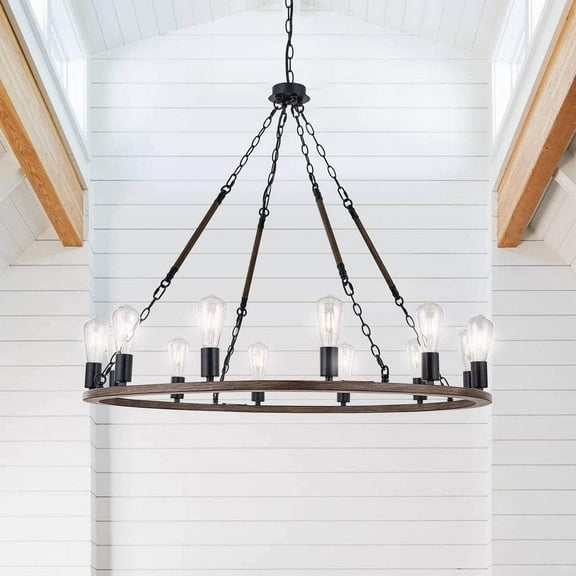Vanity Art 12 Lights Wagon Wheel Chandelier Lighting Farmhouse Candle Ceiling Light Fixtures for Living Room Kitchen Dining Room MLT5112LT-DW-BK