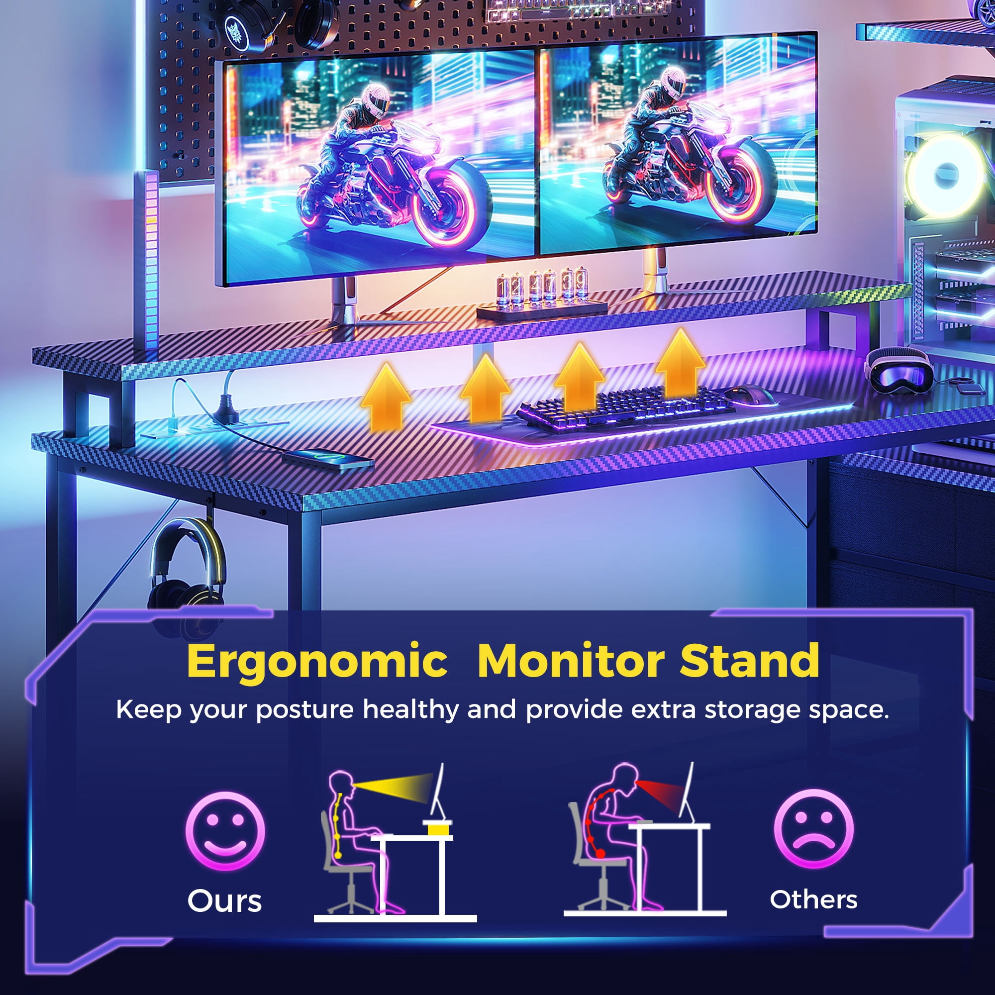 59" Gaming Desk with LED Lights & Reversible Storage Drawer, LED Gamer Desk for Home and Office, Computer Office Desk with with Headphone Hook, Carbon Fiber Black